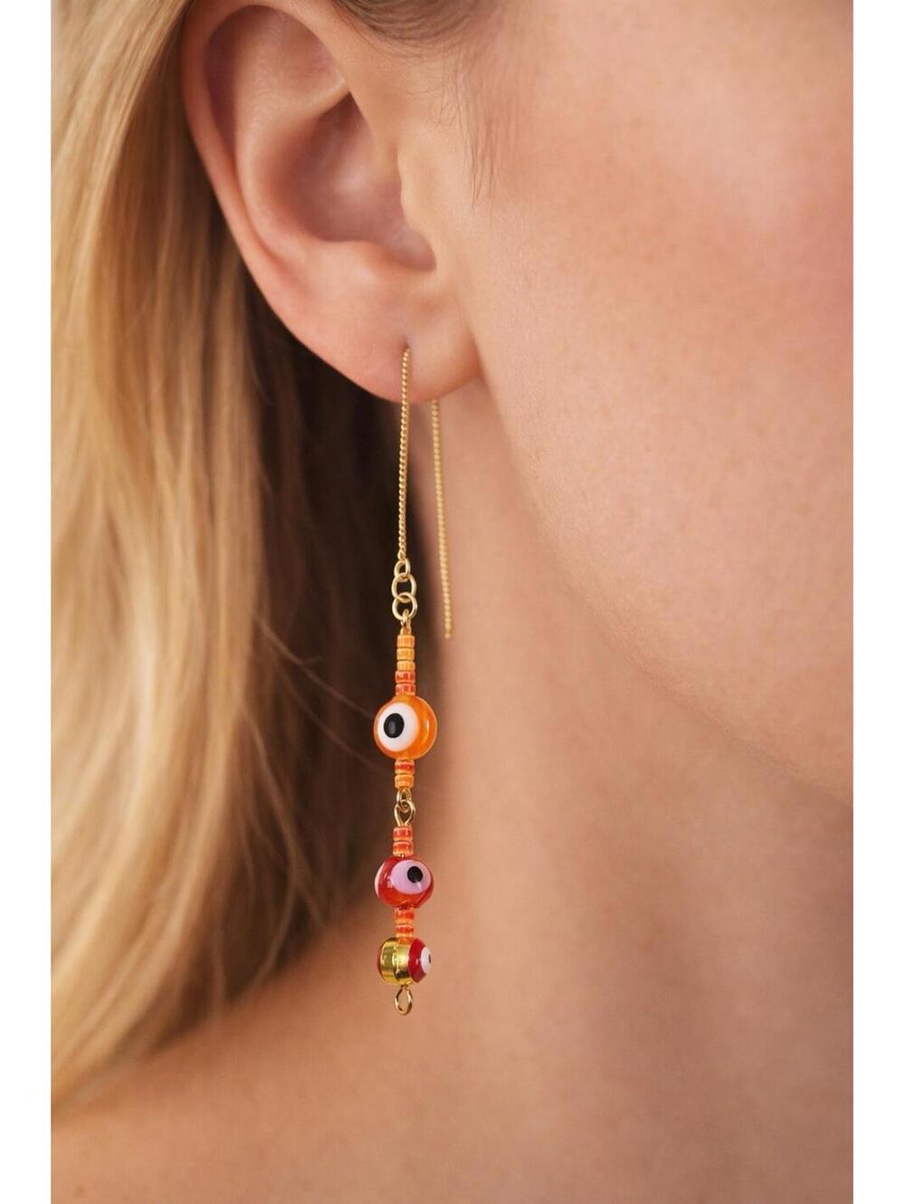 Handmade Orange Red Beaded Gold Tone Chain Boho Dangle Thread Earrings Jewelry